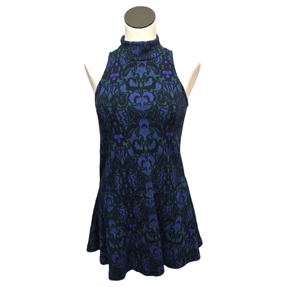 Free People Shift Dress Womens XS Blue Textured Print Amelia Knit Mock Neck Mini - Picture 1 of 13